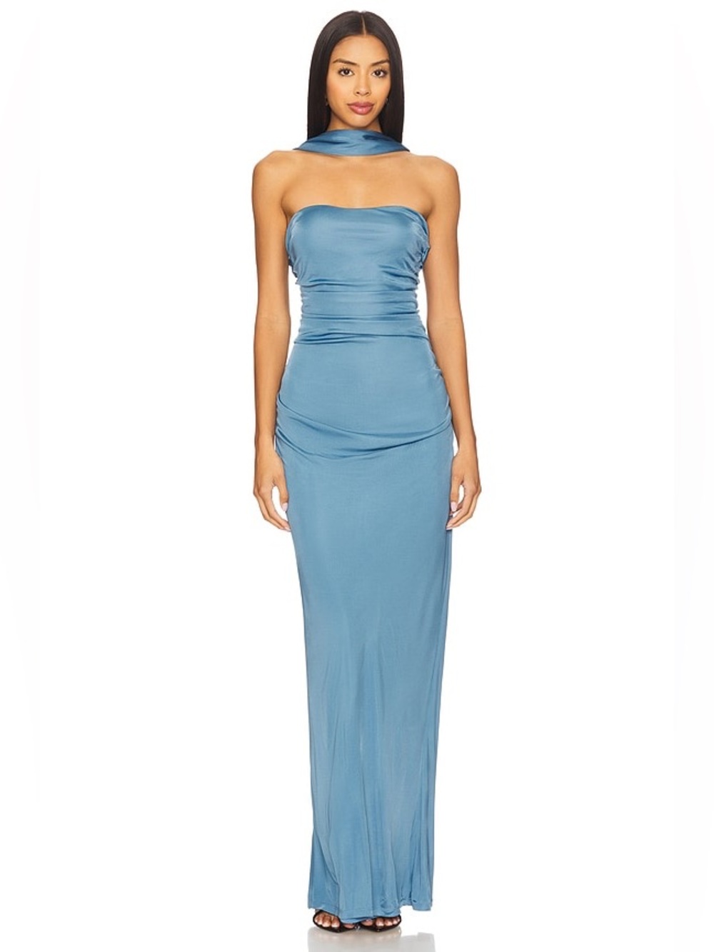 NBD Strapless Satin Column Gown with Neck Scarf - Dusty Blue